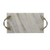 Decor Tray with Marble Frame and Carved Metal Handles, White and Gold